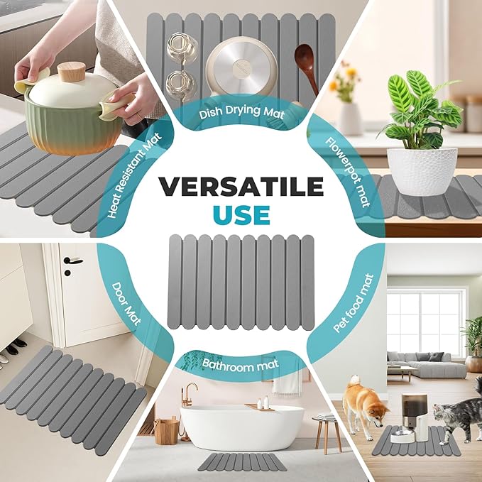 Extral Large Quick Dry Stone Drying Mat for Kitchen Counter,24"(L)x16"(W) Collapsible Eco-Friendly Absorbent Diatomaceous Earth Mat for Dishes Cups,Dish Drying Mats (Medium gray-Ellipse, 24x16 inch)