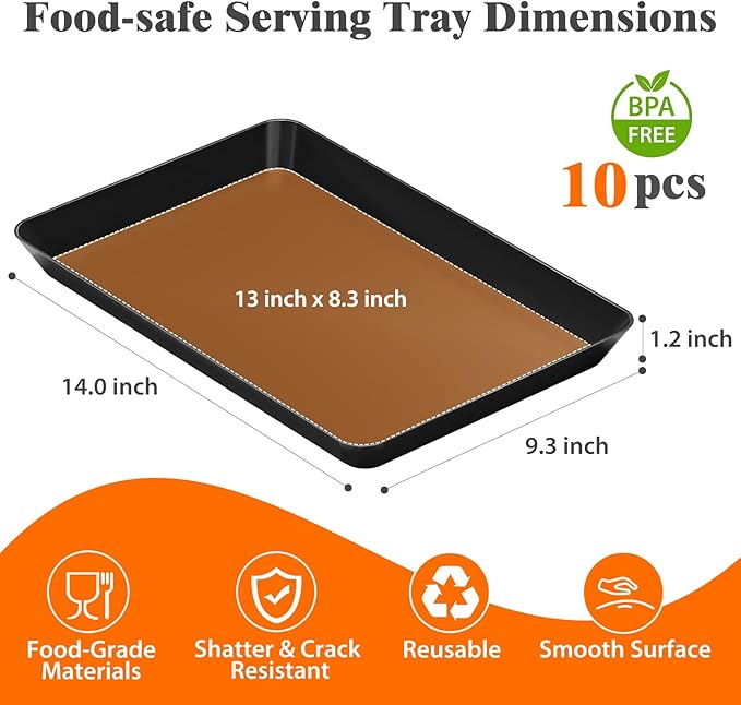 SpaceTrove 10-Pack Serving Tray Set, Reusable Plastic Serving Platter for Party Supplies, Entertaining, Grilling Accessories, Stackable Kitchen Snack Container for Dessert, Fruit, Cookie, (Black)