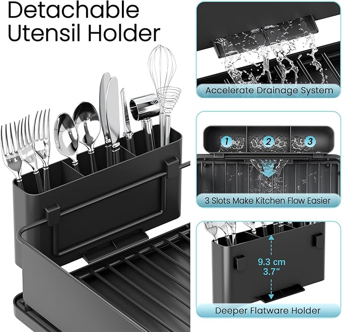 Stainless Steel Dish Drying Rack - Large Capacity Dish Rack for Kitchen Counter with Drain Board, Rustproof Dish Drainer with Drain Spout, Utensil Holder & Glass Holder, Dinnerware Organizer, Black