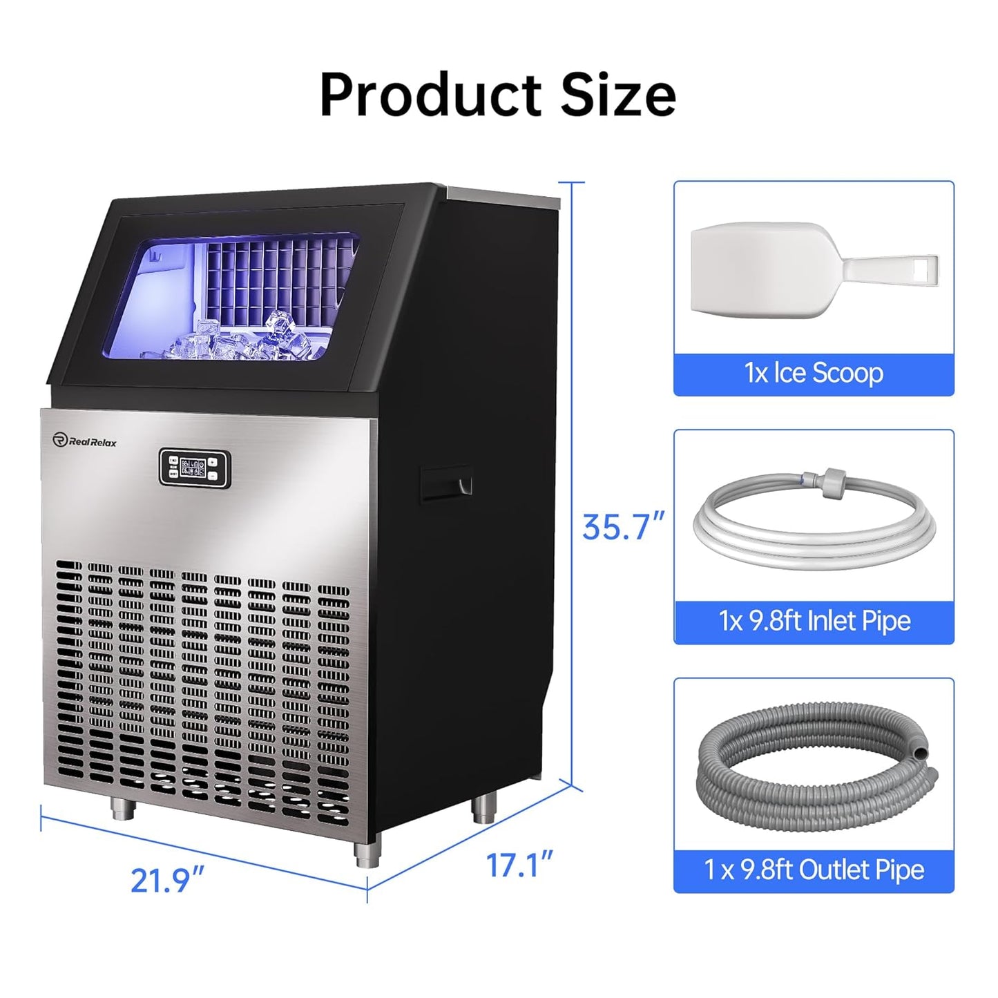 Real Relax Commercial Ice Maker Machine, 270LBS/24H Integrated Ice Machine, 48LBS Ice Storage Capacity, Auto Self-Cleaning, LCD Display, Blue Light, with Ice Scoop for Home Restaurant Bar Office Party