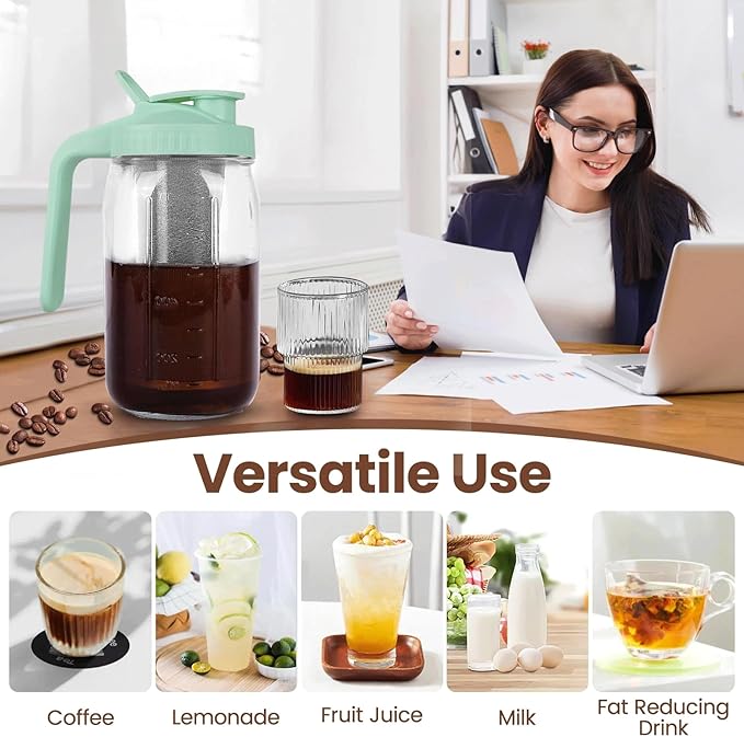 Cold Brew Coffee Maker,32 oz Mason Jar Pitcher with Stainless Steel Filter, Pour Spout Handle Lid, Heavy Duty Glass Airtight & Leak-Proof for Iced Coffee Tea Breastmilk Lemonade-Green