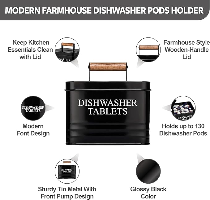 Calindiana Modern Farmhouse Metal Dishwasher Pods Container Holder with Lid for Kitchen Organization and Storage, Kitchen Essentials Decor Accessories, Black