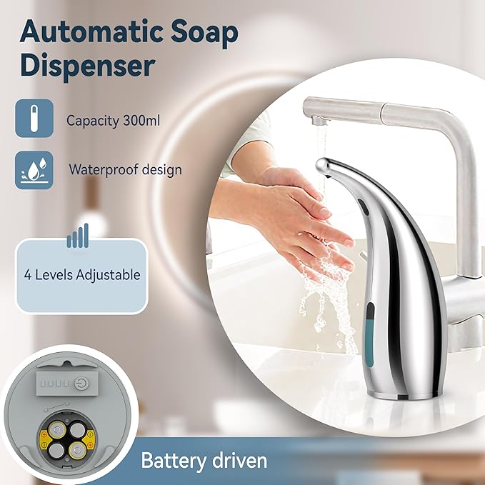 Automatic Soap Dispenser with Infrared Sensor - Adjustable 4-Level Touchless Hand Soap for Kitchen, Bathroom - Battery Operated Electric Dispenser, Durable Plastic, Smart Soap Holder (Silver)