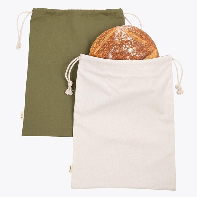 Sourdough Bread Bags for Homemade Bread, 2 Pack, Reusable Cotton Linen, Machine Washable, Freezer Safe - BPA-Free TPU Liner, Fits 2 Loaves Each, Beeswax Wrap Alternative, Drawstring Closure