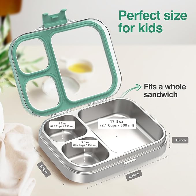 HOMEKOL Stainless Steel Bento Lunch Box, 3-Compartment Leak-Proof Lunch Container for Kids & Adults, BPA/BPS-Free 304 Metal Food Box, Dishwasher Safe, Clear Tritan Lid, Green (Not Insulated)