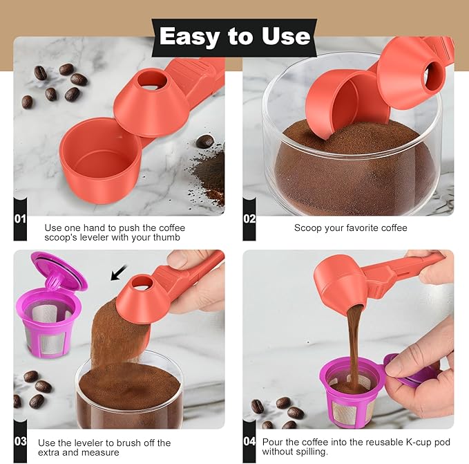 Coffee Scoop & Funnel for Reusable K Cup Refillable Coffee Pods, Coffee Measuring Spoon 2 Tablespoon Capacity, Scoop with Funnel for Ground Coffee, Protein Powder, Tea (Orange, 2 Pack)