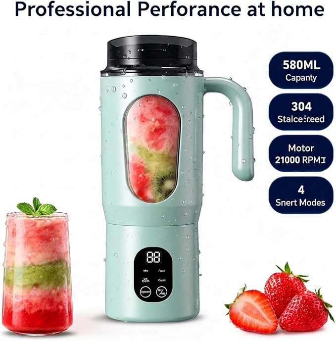 Portable Blender 12-Blades Portable Juicer for Smoothies, 580ml Rechargeable Personal Blenders with Handle & Extra Lid, USB-C Mini Blender Cup for Travel, Office, Gym, BPA-Free (Green)
