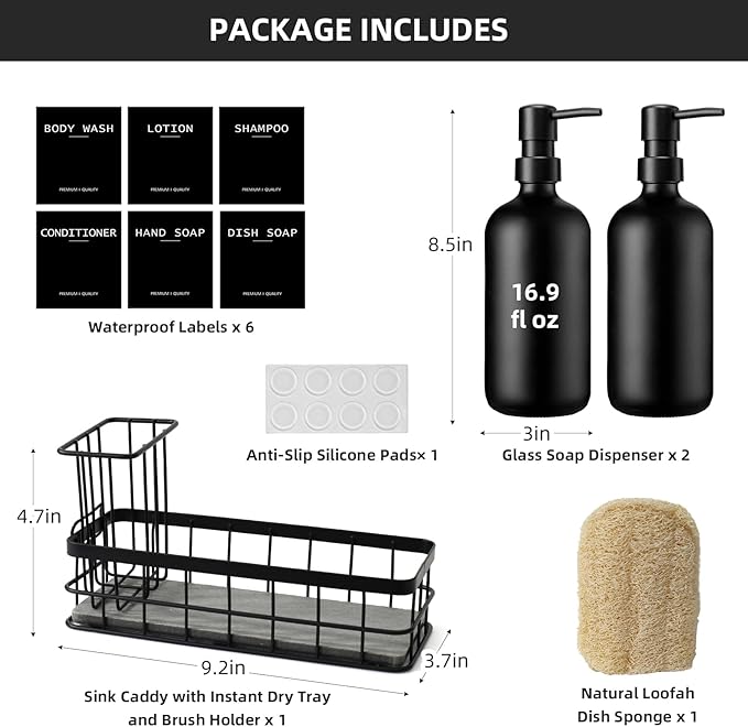 Dish Soap Dispenser for Kitchen, 16.9 fl oz Black Hand and Dish Soap Dispenser Set, Kitchen Soap Dispenser with Sponge Holder, Brush Holder and Loofah Sponge, Countertop Sink Organizer Accessories