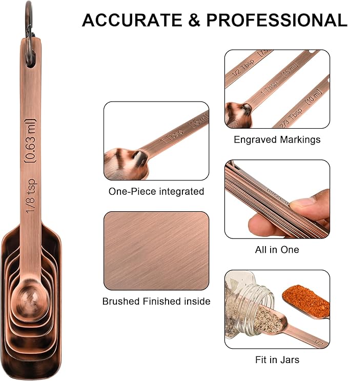 Copper Plated Measuring Cups and Spoons Set, Stainless Steel Measuring Cups and Spoons Set with 5 Kitchen Measure Cup, 6 Spice Measure Spoons, US&Metric Measuring Tools for Baking