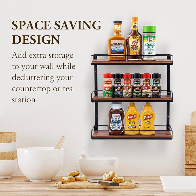 MyGift 3 Tier Wall Mounted Spice Rack, Black Metal and Burnt Solid Wood Kitchen Hanging Seasoning Shaker Spice Jar Condiment Bottle Shelf Pantry Organizer