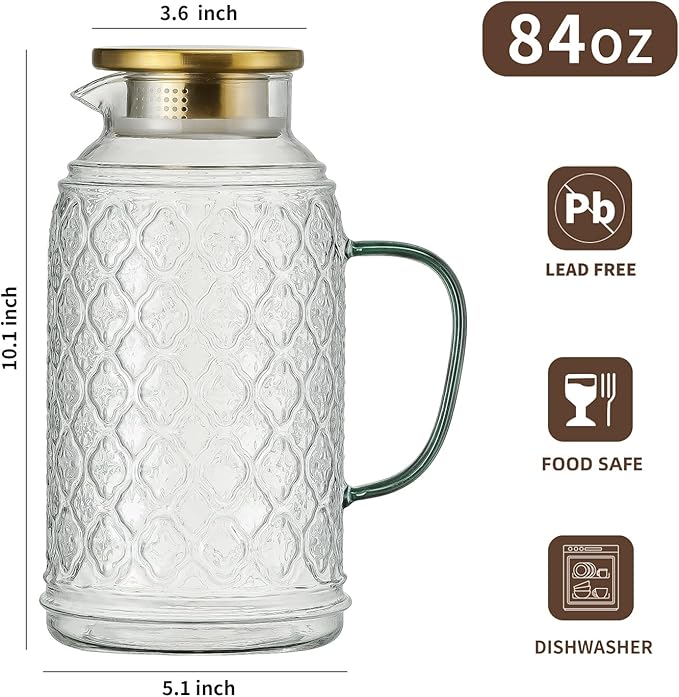 Buaic Glass Pitcher with Lid, 2 PACK 84 oz/2.5L Liter Vintage Water Pitcher, Clear Borosilicate Glass Water Carafe for Cold Brew, Coffee, Lemonade, Iced Tea,Beverage, Heat Resistant