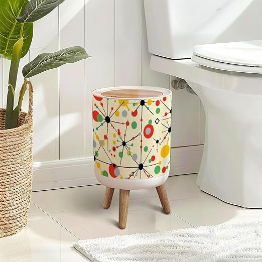 Trash Can with Lid Mid Century Fifties Modern Atomic Retro Colors Seamless Part Press Top Round Small Garbage Bin with Wooden Legs Waste Basket for Kitchen Bedroom Nursery 7L/1.8 Gallon