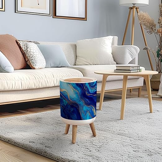 Trash Can with Lid Hand painted mixed liquid blue golden paints Abstract fluid acrylic Press Top Round Small Garbage Bin with Wooden Legs Waste Basket for Kitchen Bedroom Nursery 7L/1.8 Gallon