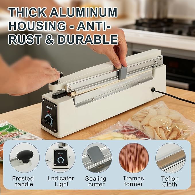 Impulse Heat Sealer with 20-Inch Sealing Bar: Heavy-Duty Bag Sealer with Extra Cutting Blade (White)