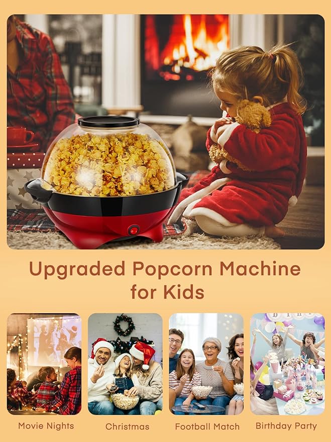 HOUSNAT Popcorn Machine, 28 Cup Popcorn Maker, 800w Electric Stirring Popcorn Popper with Quick-Heat Technology,Removable Non-Stick Surface,Cool Touch Handles,Thicken Transparent Cover,2 Measuring Cap