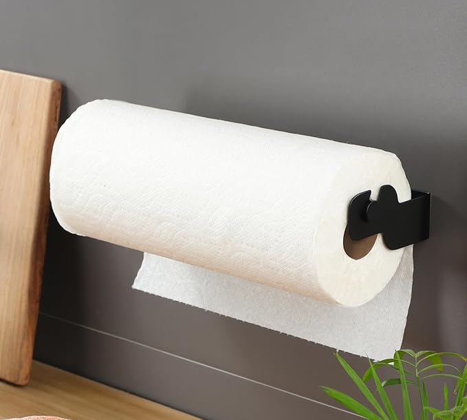 ZUNTO Black Paper Towel Holder Cabinet Door or Under Cabinet - Self Adhesive Big Roll Rack, Wall Mount Paper Towel Bar for Kitchen, Stainless Steel,