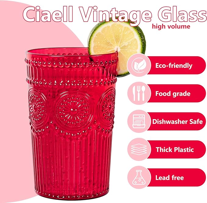 Ciaell 12 Pack Romantic Plastic Water Glasses - 14 Oz Red Vintage Drinking Glasses, Embossed Ribbed Plastic Cups, Textured Striped Set for Juice, Beverages, Beer, Cocktail & Mother's Day