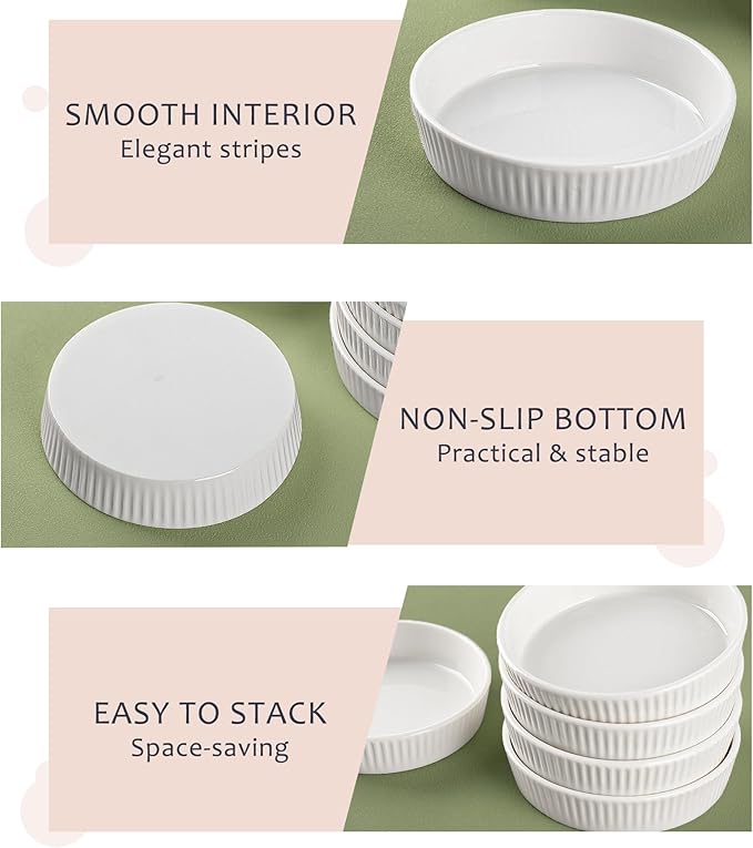 Ramekins 8 oz Oven Safe Set of 6 - Ceramic Creme Brulee Dishes, Souffle Cups, Individual Quiche Baking Dish, Food-Safe White Pudding Bowls for Kitchen, Stackable and Dishwasher Safe