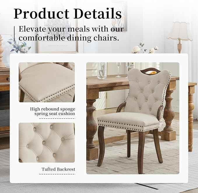 Beige Velvet Dining Chairs Set of 6，Modern Upholstered Dining Room Chairs with Tufted Back and Wood Accents, Curved Solid Wood Legs & Nailhead Trim, Sillas De Comedor Modernas 6