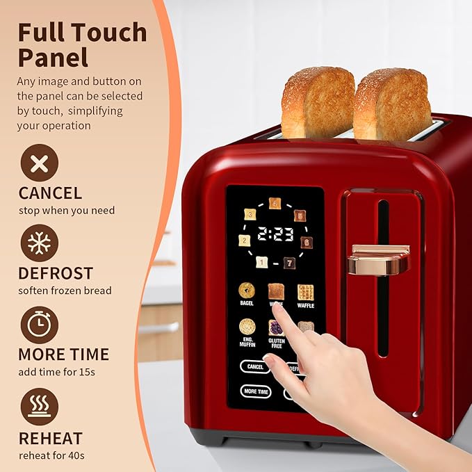 SEEDEEM Toaster 2 Slice, Touch Control Stainless Toaster LCD Display, 50% Faster Heating Speed, 1.4'' Wide Slots, More Timer Functions, Removable Crumb Tray, 1350W, Dark Cherry