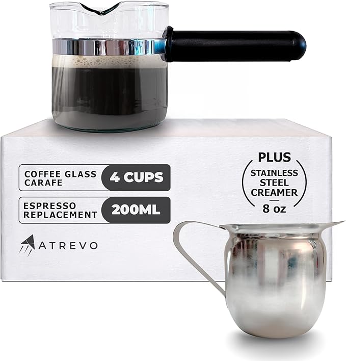 Espresso Carafe Glass Replacement - 4 Cup. Fits Most Espresso Machines, Mr. Coffee, Cuisinart, Breville. PLUS Stainless Steel Creamer (8oz).