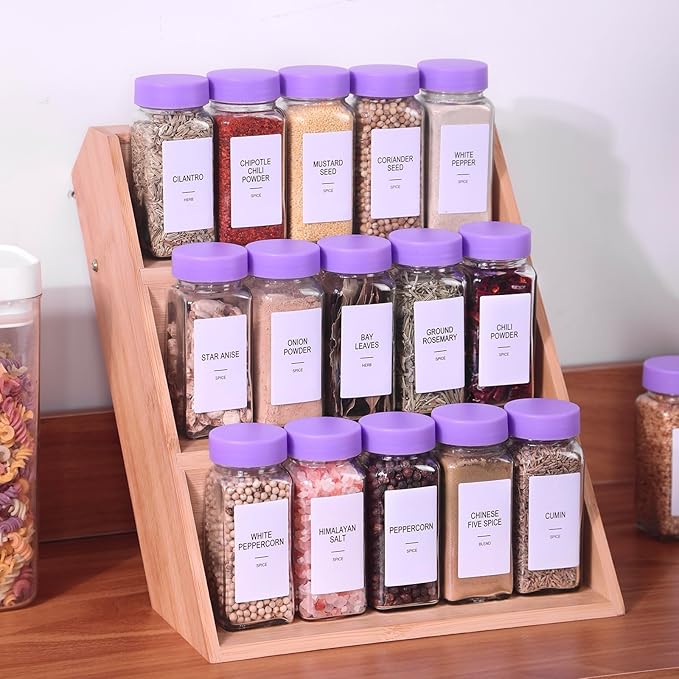 36 Glass Spice Jars with Labels, Spice Jar Set, 4oz Spice Containers, Seasoning Containers with Purple Airtight Lids and Shaker Lids, Square Empty Spice Bottles, 492 Labels, 1 Funnel