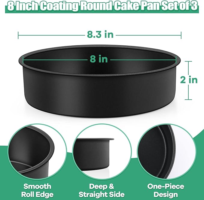 TeamFar 8 Inch Round Cake Pans, Round Baking Layer Cake Pan Set of 3, with Non-Stick Coating Stainless Steel Core for Birthday, Party, Wedding, Healthy & Heatproof, Release Easily & Easy Clean