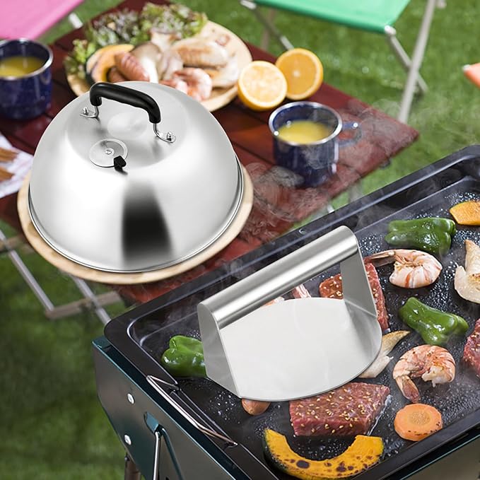 3Pcs Basting Cover & Smash Burger Press, Leonyo 12"- 9"- 6.5" Cheese Melting Dome, Stainless Steel Bacon Press Griddle Dome Steam Lids Smash Burger Kit for Kitchen, BBQ Flat Top Grill, Teppanyaki