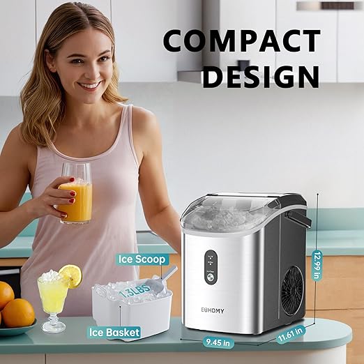 EUHOMY Nugget Ice Maker Countertop with Handle, Ready in 6 Mins, 34lbs Per Day, Removable Top Cover, Auto-Cleaning, Portable Sonic Ice Maker with Basket and Scoop, for Home/Party/RV/Camping (Silver)