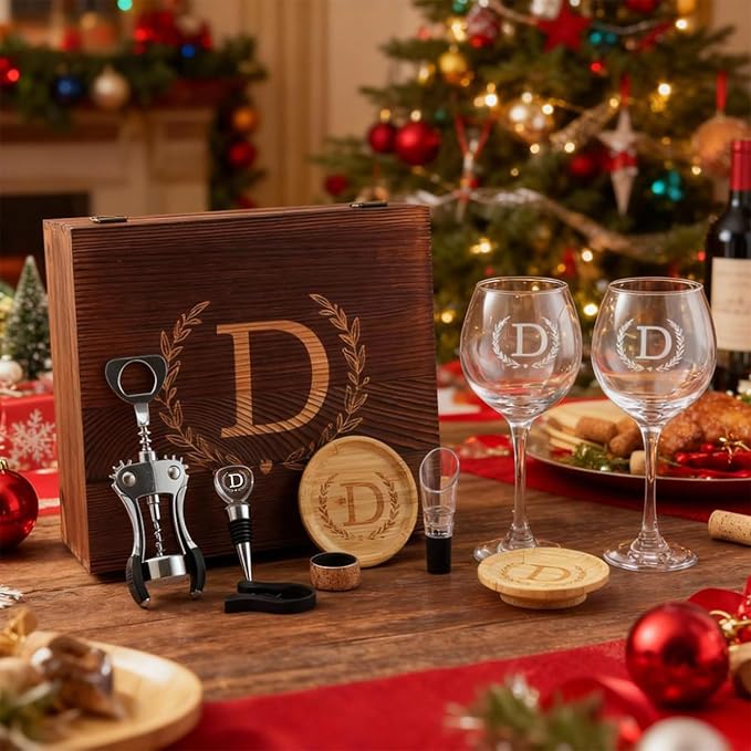 GZLDGIFTS Personalized Initial Wine Glasses Box Gift Set For Women Mom Engraved Birthday Monogrammed Wooden Christmas Gifts Wedding Anniversary Wine Couples Stopper Opener Initial Letterr (C Set)