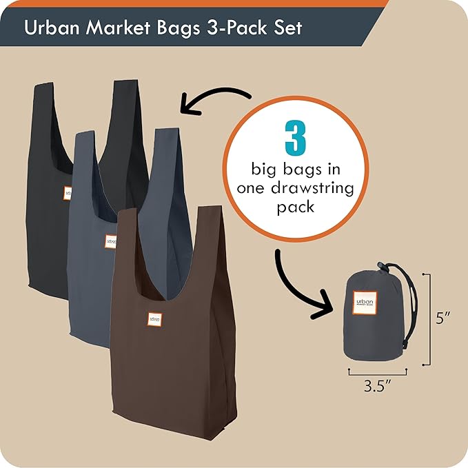 Urban Market Bags - Galaxy - 3 Foldable Reusable Shopping Bags in 1 Compact Pouch, Luxury Quality, Recycled Fabric, Holds 50+ lbs, Machine Washable, Pouch Fits in Cupholder, Designed in California