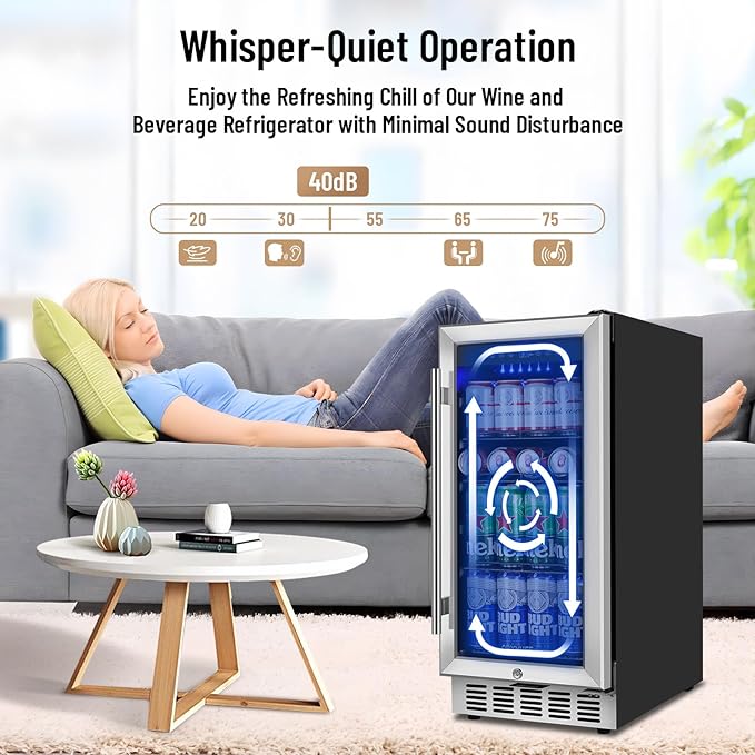ORYMUSE 15 Inch Beverage Refrigerator, 130 Can Capacity Under Counter Fridge with Lock & Glass Door, Quiet Built-in or Freestanding Beer Cooler, Powerful Compressor for Fast Cooling