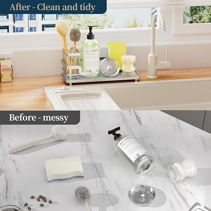 Consumest Sponge Holder for Kitchen Sink - Sink Caddy Organizer with Water Absorbing Stone Tray, Detachable Brush Holder, Stainless Steel Kitchen Counter Organizer Rack, Silver