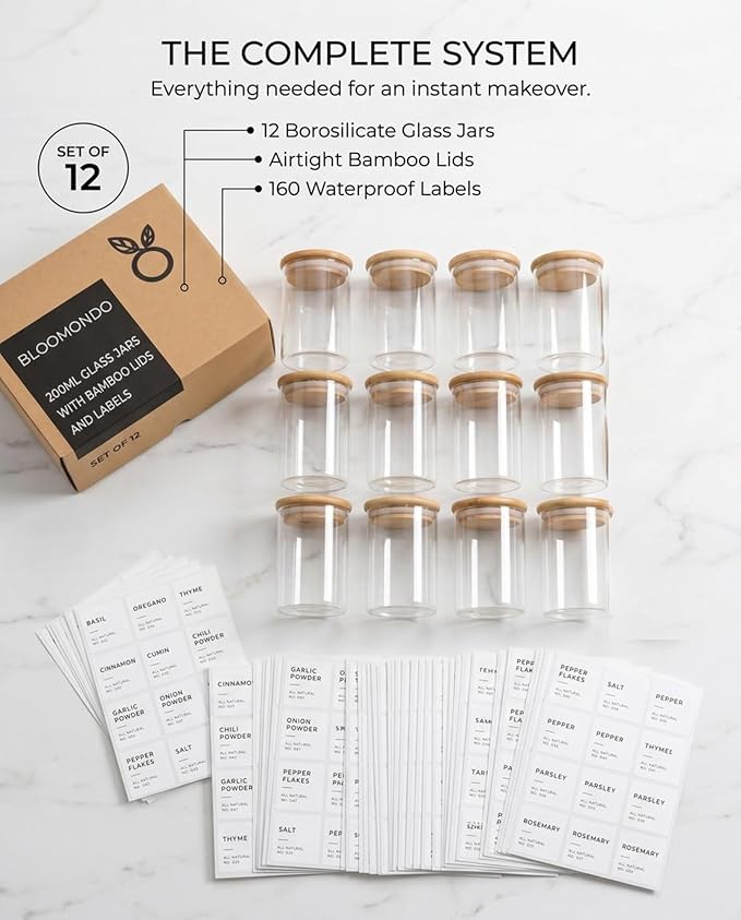 Bloomondo Empty Spice Jars with Label Pack (12x Bamboo Lid Glass Jar). Small 6oz Spice Storage Bottles with 112 Printed Stickers and 48 Writable Pantry Labels for Seasoning Containers