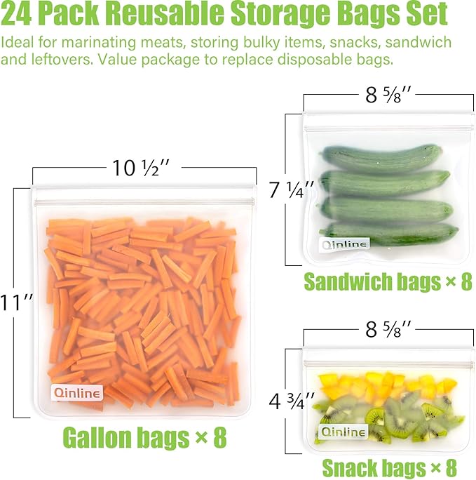 Qinline Reusable Food Storage Bags - 24 Pack Dishwasher Safe Freezer Bags, BPA Free Reusable Bags PEVA material, Leakproof Reusable Lunch Bag for Salad Fruit Travel - 8 Gallon 8 Sandwich 8 Snack Bags