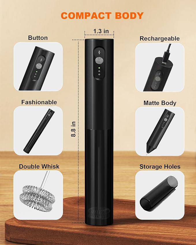3-Speed Rechargeable Milk Frother with Cover, Dual Coil Whisk Coffee Frother Handheld - Portable Hand Frother Wand for Coffee Matcha Cappuccino & Hot Chocolate, Kitchen Gift, Black