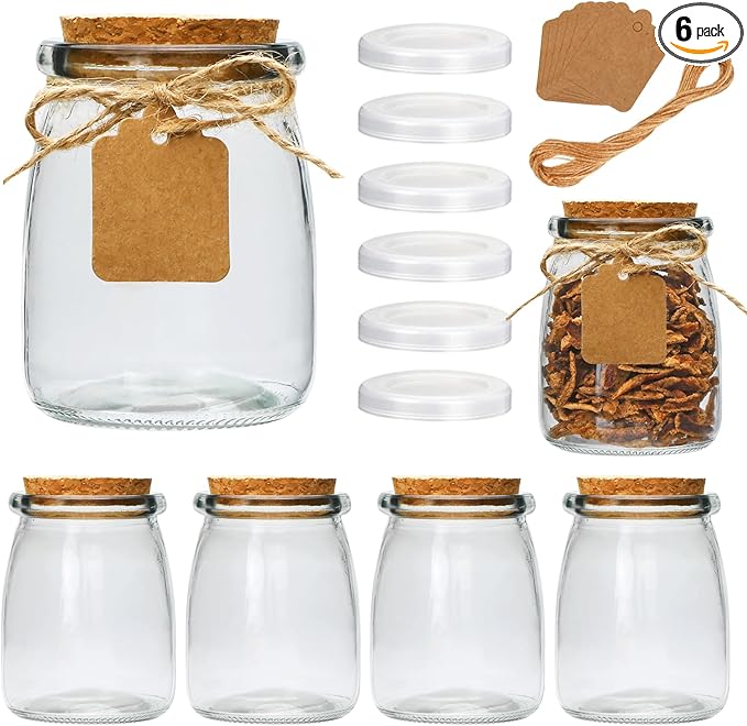 Mini Yogurt Jars 6 Pack, 7 oz Glass Favor Jars with Cork Lids, Pudding Containers with Lids, Mason Jar Wedding Favors Honey Pot with Label Tags and String