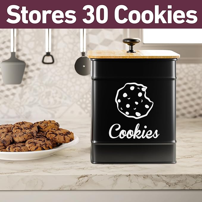 Cookie Jar with Airtight Lid - 1 Gallon - 6"D x 8"H Iron Cookie Tin with Bamboo Lid - Large Cookie Jars with Lids Airtight - Farmhouse Cookie Jars for Kitchen Counter Decorative - Cookies Jar