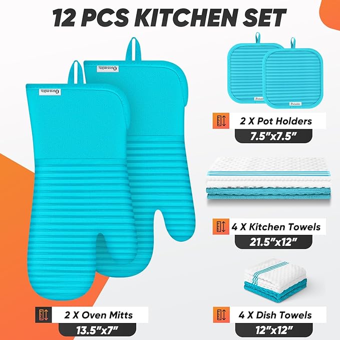 Oven Mitts Kitchen Towels and Dishcloths with Pot Holders Sets, Oven Gloves Hot Pads 500°F Heat Resistant with Silicone Grip, Include 2 Cooking Gloves/2 Potholders/4 Kitchen Towels/4 Dish Towels
