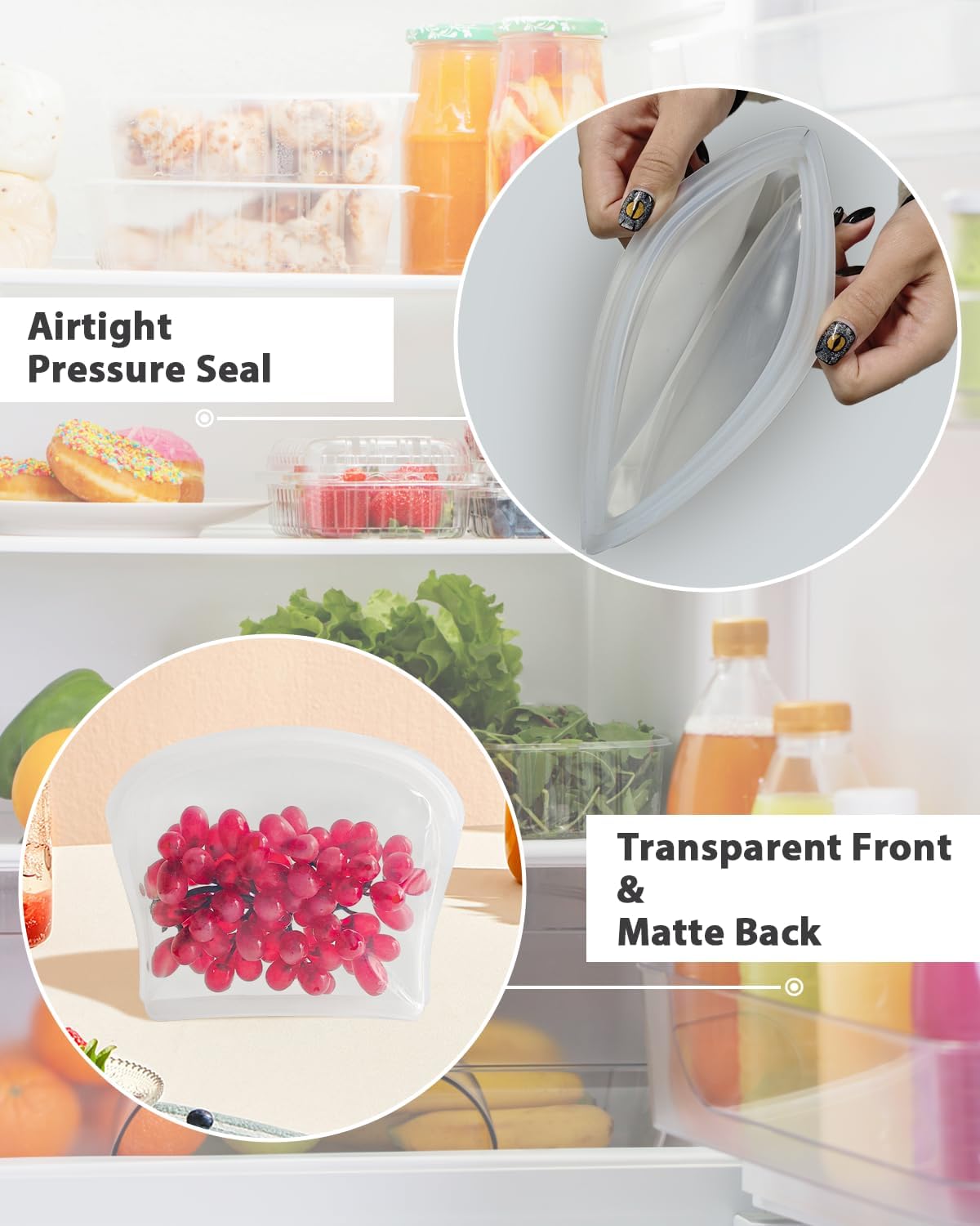 Reusable Silicone Storage Bag, 6 Packs Pocket, Snack, and Sandwich Bag, Endurables Seal-Top Silicone Bags for Food Storage, Freezer, Microwave, Oven, Dishwasher Safe (Clear & Rose Quartz)