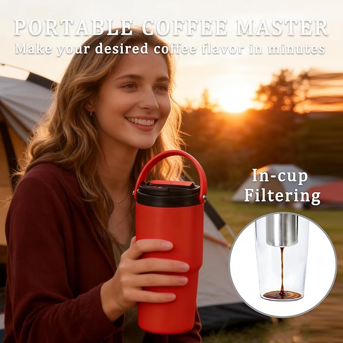 Portable Coffee Maker Mug for Travel,Mini Espresso Coffee Machine,20 oz Thermos Cup with Lid Fast Extraction Electric Filter Brewer,Insulated Stainless Steel Tumbler(Orange)