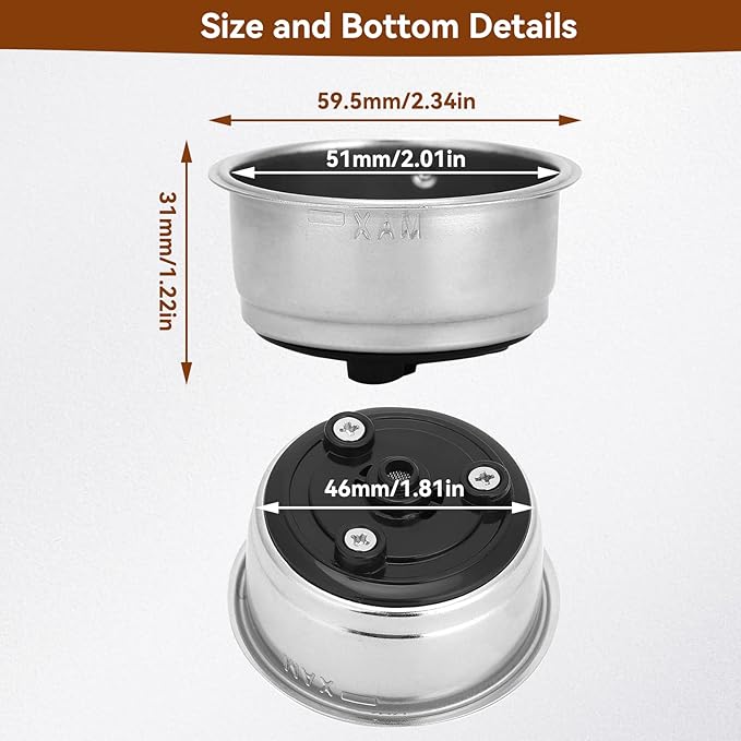 1PCS 51mm 2 Cups Portafilter Filter Basket, Stainless Steel Pressurized Mesh Coffee Filters Bottomless Portafilter Coffee Machines Accessories for Semi-Automatic Coffee Machine Series(Double Cup)
