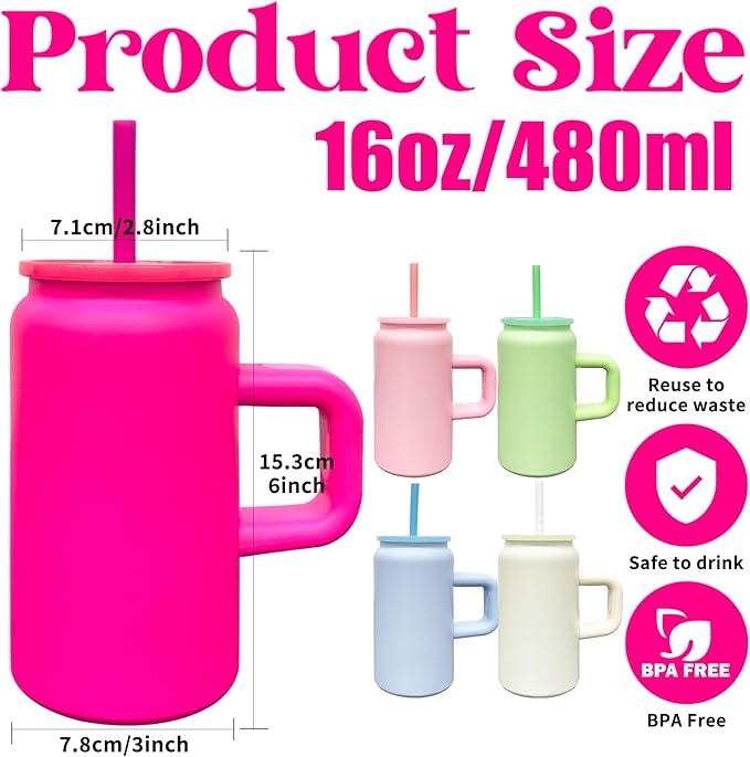 8 Pack 16 oz Sublimation Tumblers with Handle and Straw for Kids, Stainless Steel Sublimation Tumblers Bulk with Lids, Vacuum Insulated Iced Coffee Cups for DIY Craft Heat Press Print (Rosy,8 pack)