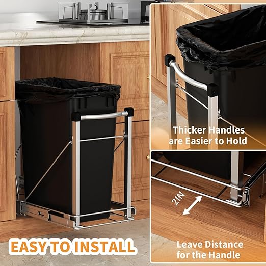 Adjustable Under Cabinet Trash Can Organizer with Soft Close Rail - Heavy Duty Silver Steel Under Sink Pull-Out Organizer, Fits 7-13 Gallon, Up to 125 lbs Capacity (Trash Can Not Included)