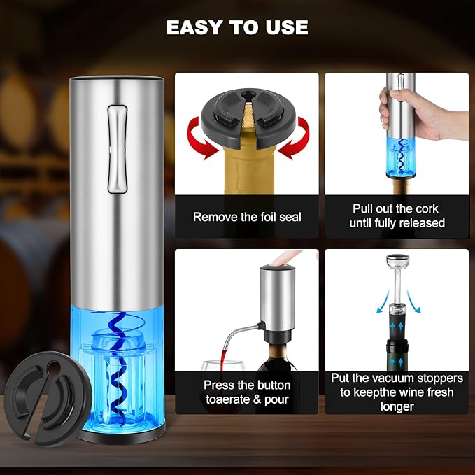 VIDYSUFYR Electric Wine Opener with Electric Decanter and Aerator, Rechargeable Electric Wine Bottle Opener, Stainless Steel Wine Accessories with Foil Cutter, Electric Aerator, Vaccum Stopper