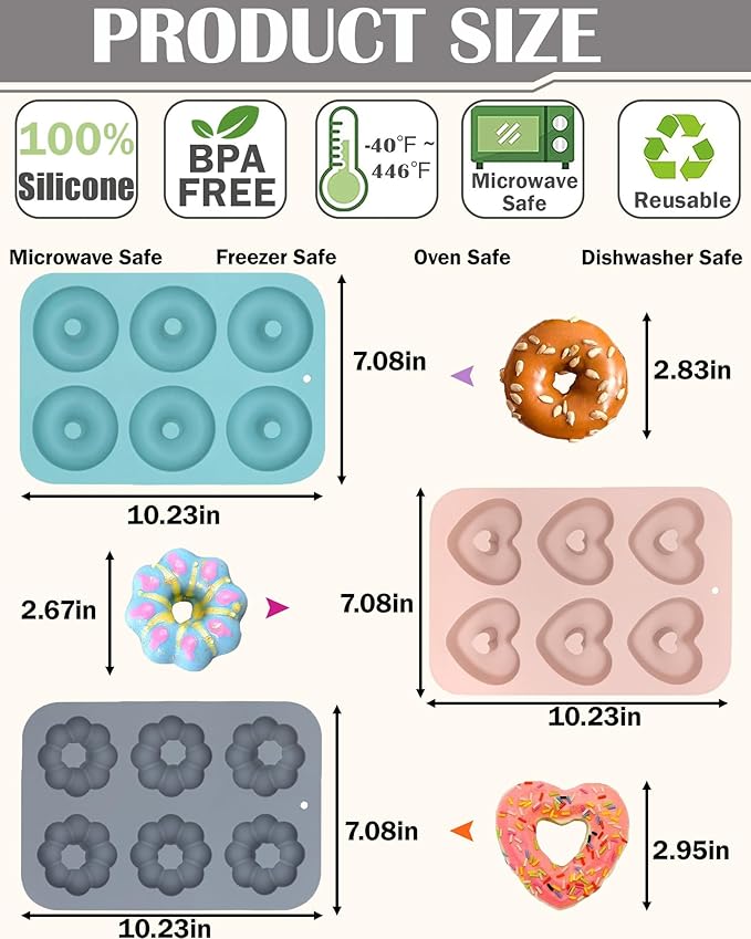 3 Pack Silicone Donut Pan for Baking, Non-Stick Doughnut Pan, 6 Cavity Heritage Bundtlette Cake Silicone Mold for Baking (Blue+Gray+Pink)