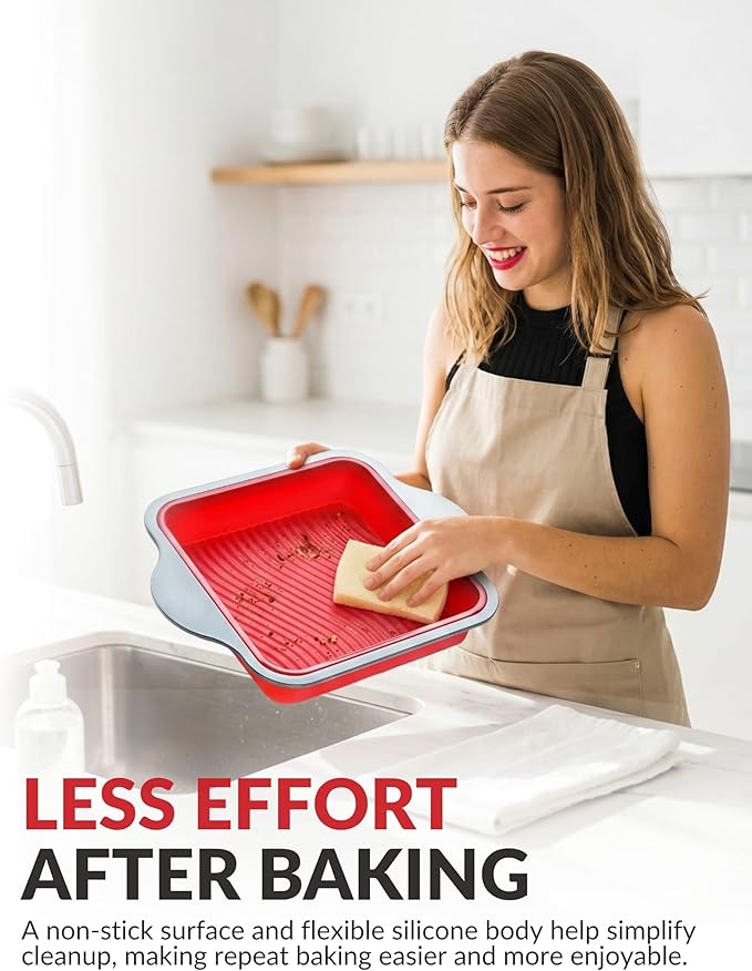 Boxiki Kitchen Non-Stick Silicone 8x8 Square Cake and Brownie Pan with Easy Grip Steel Frame Handles - Easy to Release, Oven & Dishwasher Safe