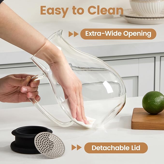 Glass Pitcher with Lid, 68 oz(1/2 Gallon), Hot/Cold Glass Water Jug with Silicone Lid, Borosilicate Glass Carafe Wide Mouth Juice and Iced Tea Beverage Serveware (Round)