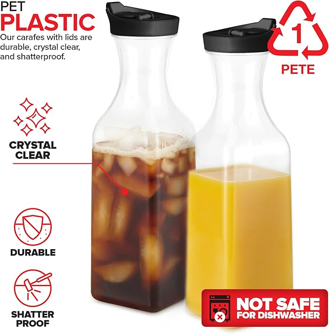 50oz Plastic Juice Carafe with Black Lids (2 Pack) 50 oz Carafes for Mimosa Bar, Drink Pitcher with Lid, Milk Container, Clear Beverage Containers for Fridge, Pantry Storage, Square Pitchers