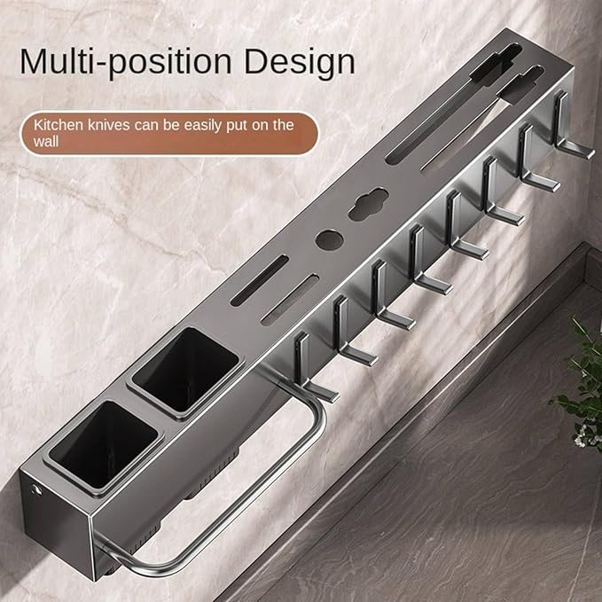 New Multi-Functional Kitchen Rack Home Wall-Mounted Knives Chopstick and Spoon Storage Rack Punch-Free cookware draining Rack, 30, Gray